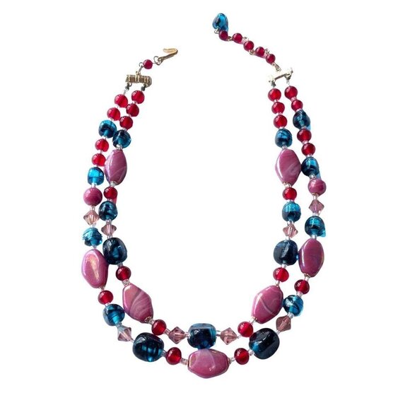 JAPAN Glass Beaded Double Strand Necklace Blue Purple Red Pink Adjustable Length - Picture 2 of 3